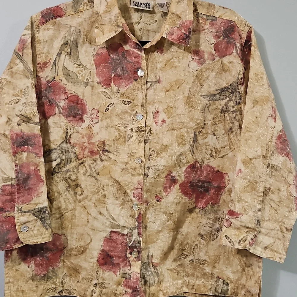 Chico's Design Shimmering Gold Floral Women's Jacket Style Shirt Size 1 #1031 - Picture 7 of 16